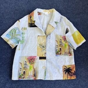 C&C California Shirt Womens XS Linen Rayon Vacation Print Camp Button Front